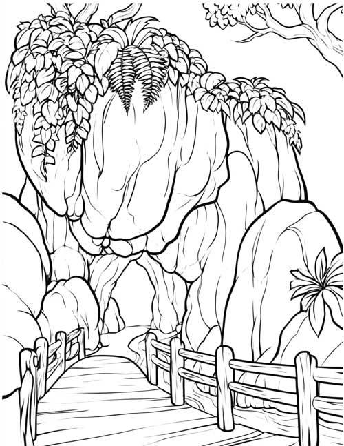 bold lines coloring page of the path to Mother Shipton's cave