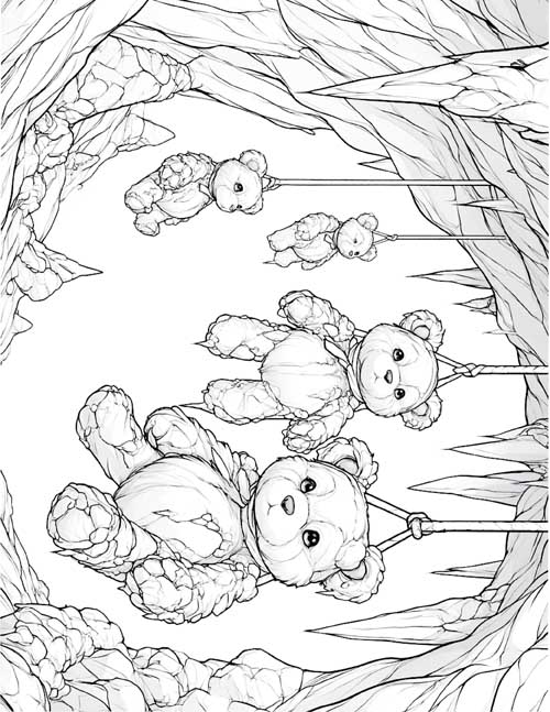 coloring page of petrifying teddy bears hanging from the cave