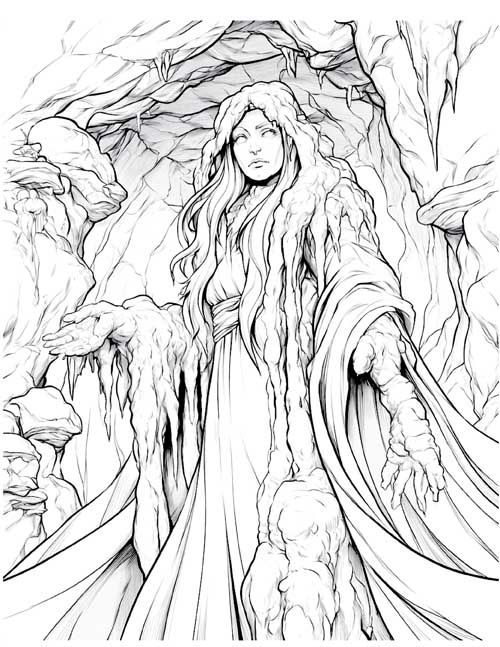 coloring page of a petrified woman in the cave