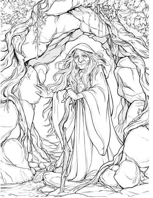 realistic coloring page of Mother Shipton standing in front of her cave