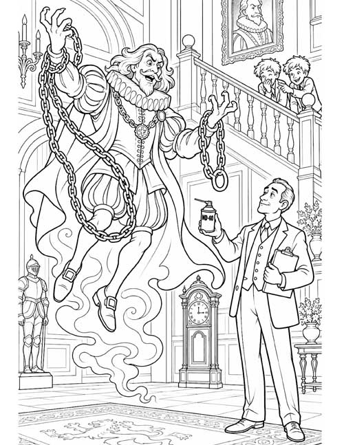 cartoon coloring page of Mr Ottis handing Sir Simon a can of oil for his clanky chains