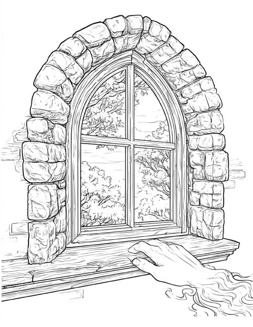 Coloring page of a ghostly hand touching a windowsill