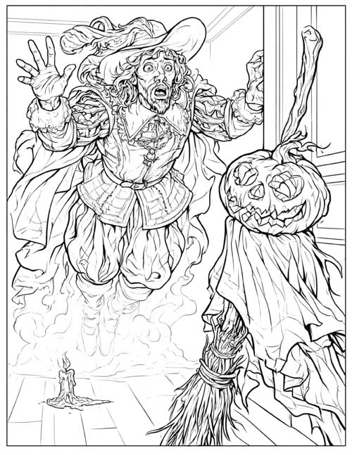 Detailed coloring page of Sir Simon being scared by a fake ghost