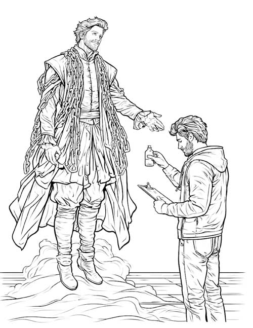 Coloring page of Mr. Otis handing a ghost a bottle of oil