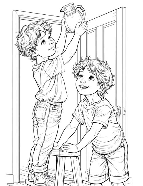 Coloring page of a the twins setting up the water jug prank
