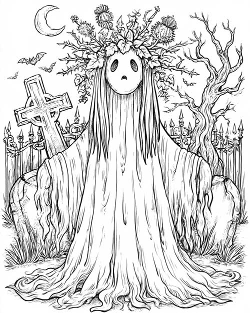 Coloring page of a sad ghost with a thistle crown in a graveyard with an iron fence