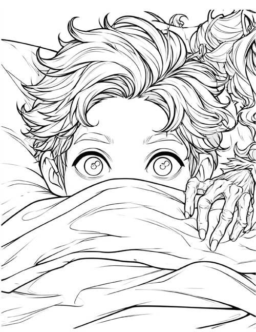Coloring page of a boy scared in bed with a hand on his shoulder
