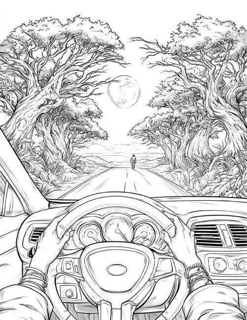 Coloring page of a hitchhiker seen through a windshield