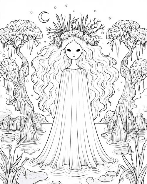 Coloring page of a Rusalka ghost with a cattail crown standing in a swamp