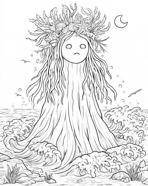 Coloring page of a sad ghost wearing a crown of seaweed and shells, standing in the waves