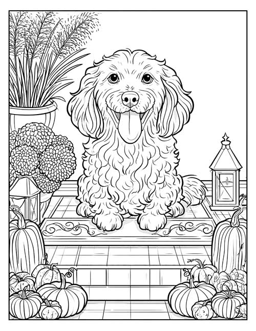 Detailed coloring page of a fluffy dog on a doorstep with pumpkins, lanterns and flowers