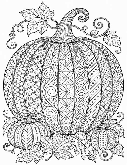 Doodle pumpkin coloring page with patterned sections, curly vines and autumn leaves