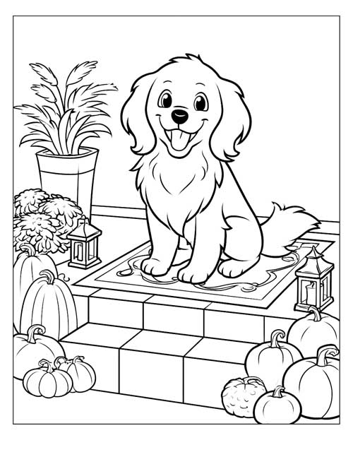 Coloring page of a happy puppy sitting on a doorstep with pumpkins and lanterns