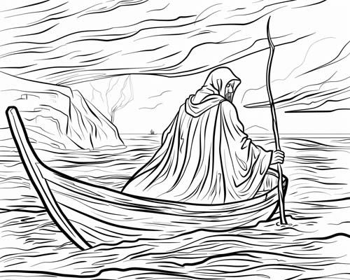 Greek mythology coloring page of Charon in his ferry