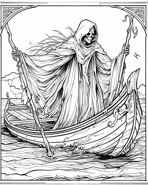 Greek mythology coloring page of an Etruscan style Charon