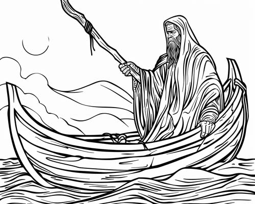 Greek mythology coloring page of the bearded boatman with a pole and a simple hood