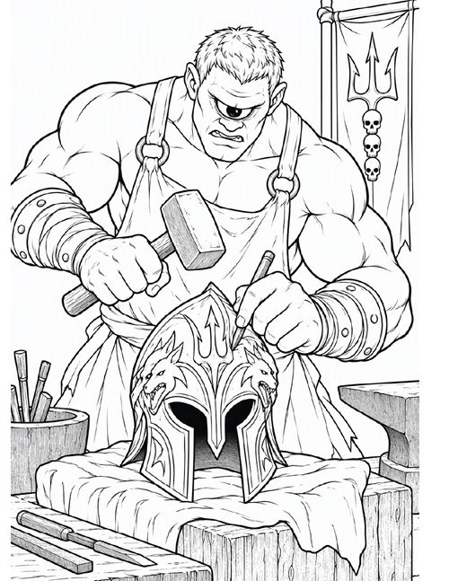 Greek mythology coloring page of Arges the cyclops blacksmith