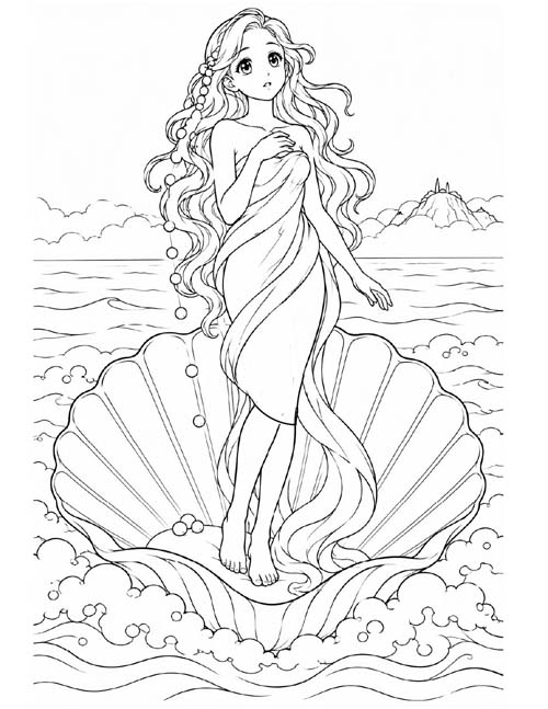 coloring page of Aphrodite being born from the seafoam in a seashell