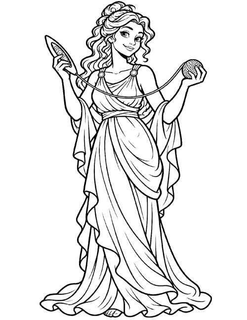 bold lines, cartoon coloring page of Arachne holding yarn