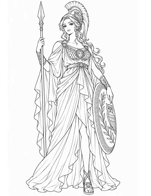 sketch coloring page of Athena in armour, holding a sword and shield