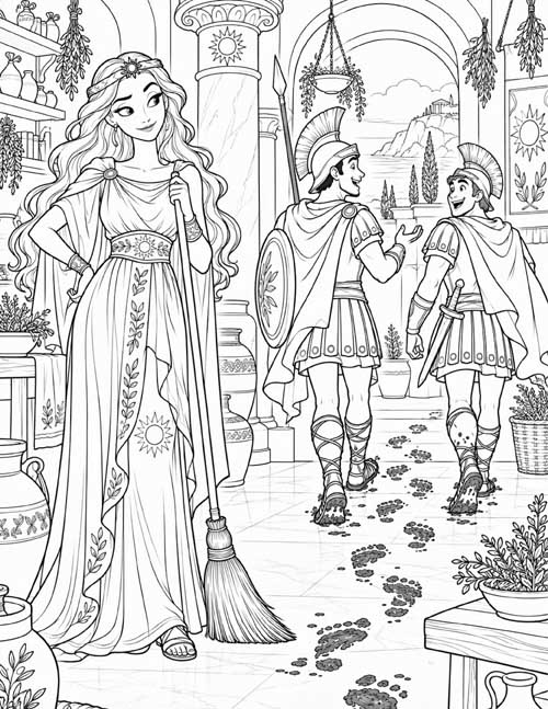 Coloring page of Circe watching oblivious shoulders track mud in her home