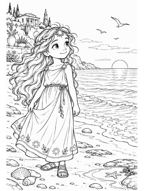 Coloring page of Circe as a child with her mom in the sea and her dad in the sky