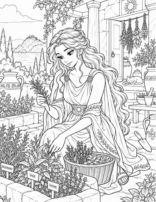 Coloring page of Circe tends her herb garden