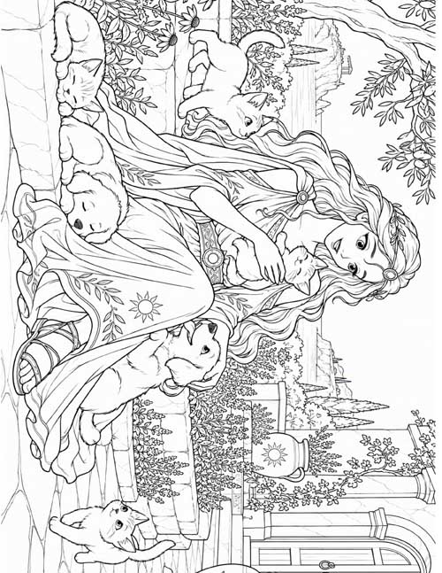 Coloring page of Circe playing with her kittens and puppies