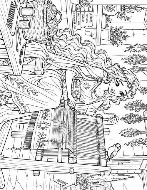 Coloring page of Circe learning to weave
