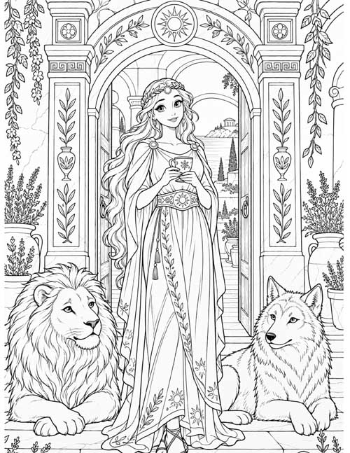 Coloring page of a lion and a wolf sitting by Circe's door