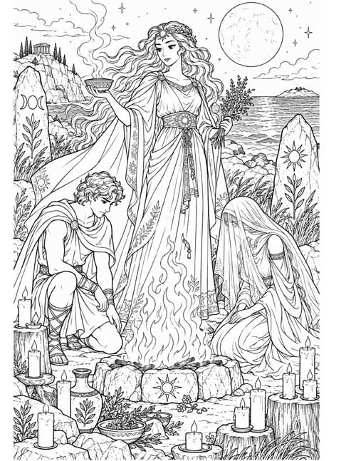 Coloring page of Circe performing a ritual for Jason and Medea