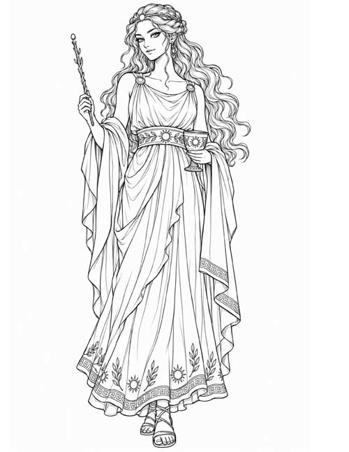 sketch coloring page of Circe the enchantress holding her wand and cup
