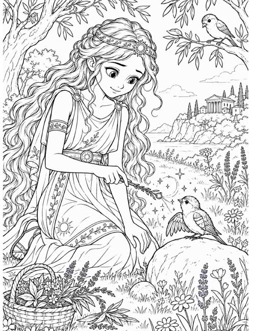 Coloring page of Circe fixing a sparrow's wing