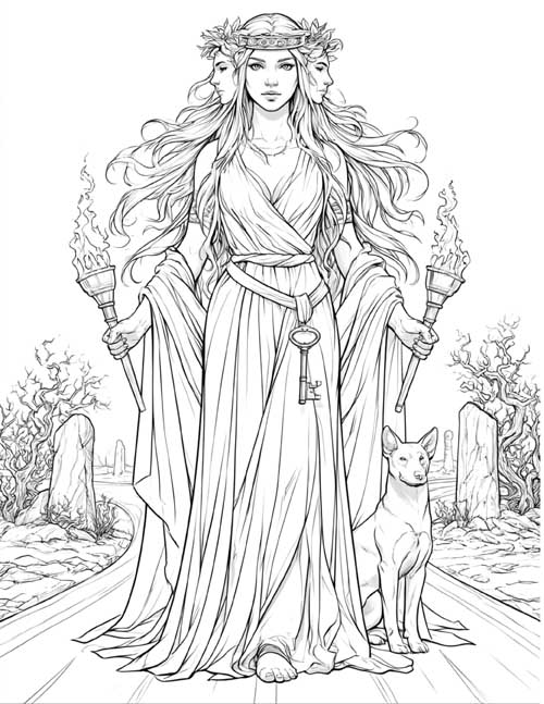 Coloring page of Hecate standing on the crossroads