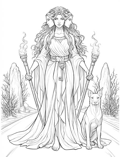 Realistic coloring page of Hecate with three faces, holding a torch in each hand with a dog at her side