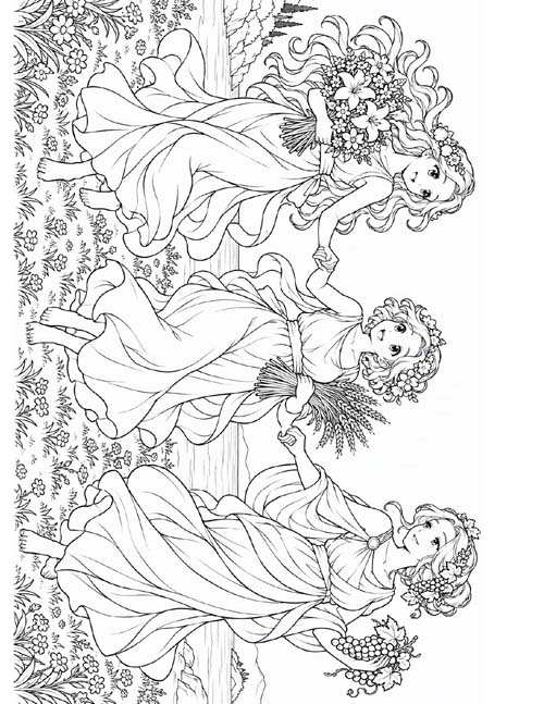 coloring page of the Horae, the Greek goddesses of the seasons