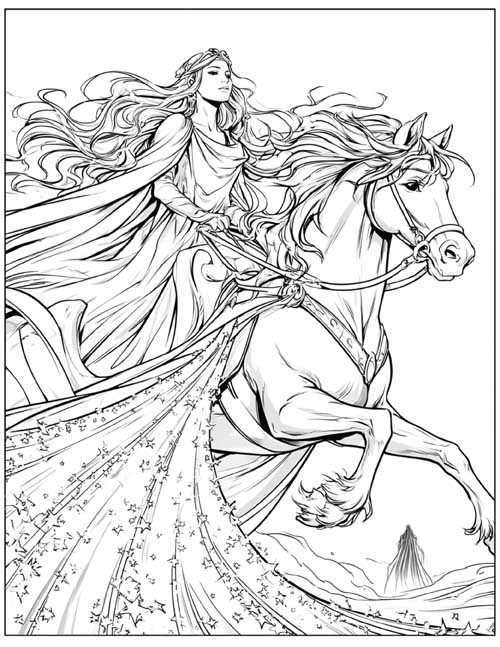 classic coloring page of Nyx riding her horse with Erebus shadowy in the distance