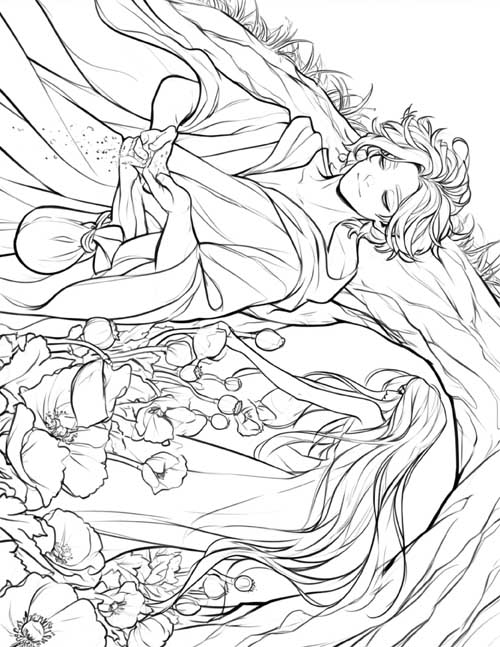 classic coloring page of Nyx planting poppies outside of Sleep's cave