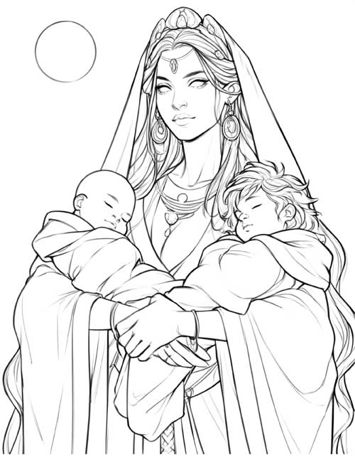 moody, realistic coloring page of Nyx carrying her sons
