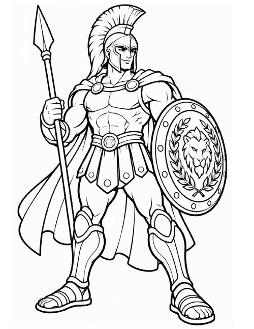 bold lines coloring page of a full body view of Ares, god of war, muscular and holding his spear and shield
