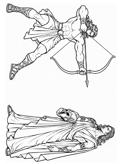 detailed coloring page of Herakles pointing his bow at Hades