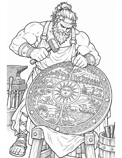 coloring page of Hephaestus making Achilles shield