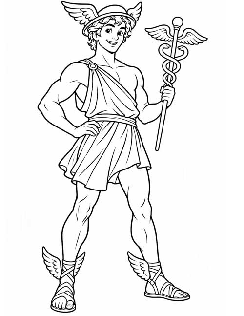 bold lines, cartoon coloring page of Hermes