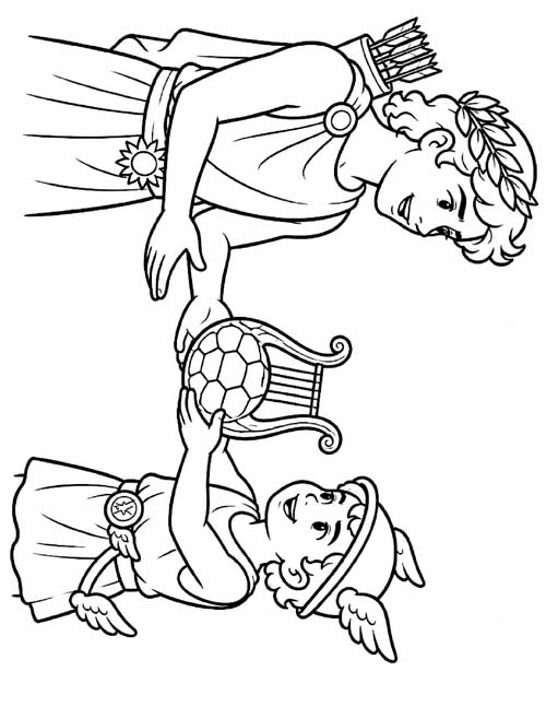cartoon coloring page of Hermes apologizing to Apollo