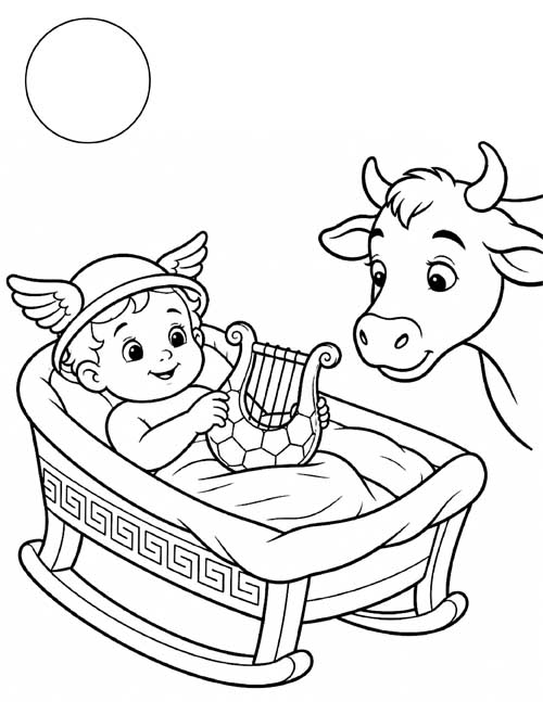 cartoon coloring page of baby Hermes in his crib, looking at Apollo's cows