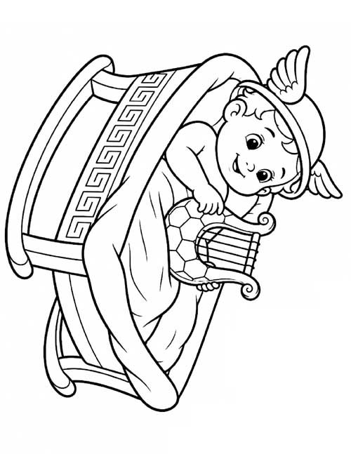 cartoon coloring page of baby Hermes with his tortoise shell lyre