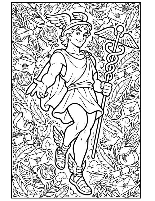 doodle coloring page of Hermes holding his caduceus staff