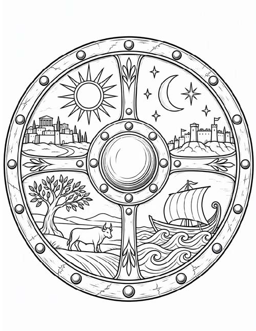 Greek mythology coloring page of Achilles' shield