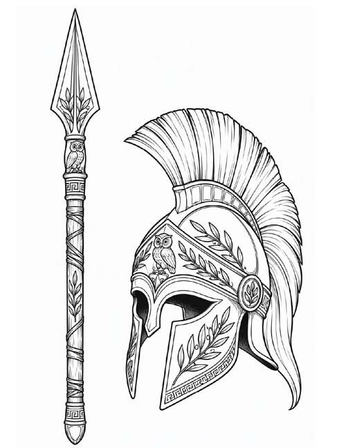 Greek mythology coloring page of Athena's helm and spear