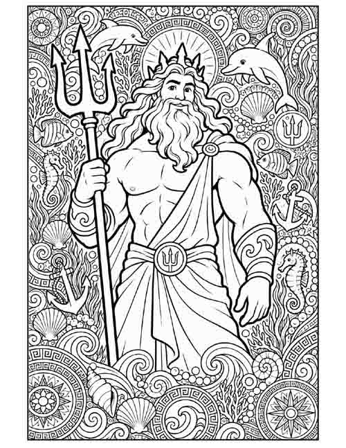 adult or teen doodle coloring page of Poseidon